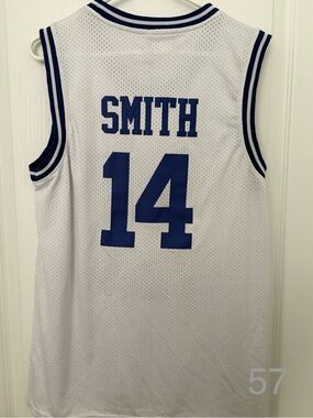 Smith #14 White and Navy Basketball Jersey - Men